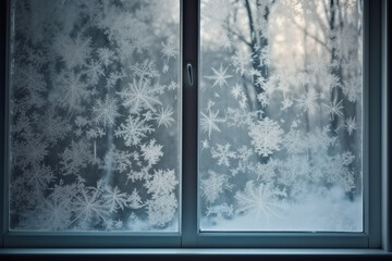 Winter window with snowflakes shape frost background. Generative AI