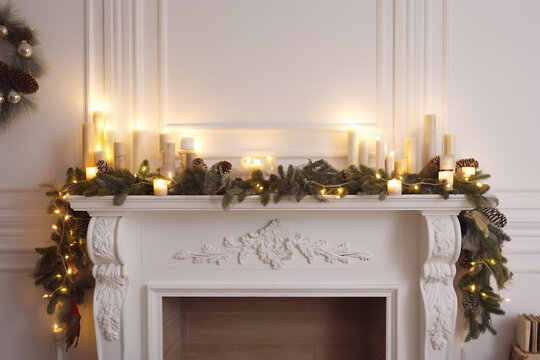 White mantelpiece decorated for Christmas. Generative AI