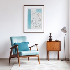 Chair near wooden cabinet and art poster on white wall. Interior design of mid-century living room
