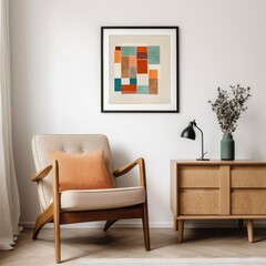 Chair near wooden cabinet and art poster on white wall. Interior design of mid-century living room