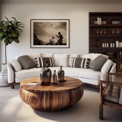Classic interior design of modern living room. Couch and barrel chair near round wooden coffee table