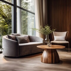 Classic interior design of modern living room. Couch and barrel chair near round wooden coffee table