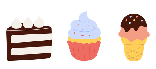 Sweet food. Set of vector icons. Ice cream, cupcake and cake. Baked dessert, sugar snack, small cakes. Bakery.