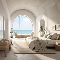 Coastal interior design of modern bedroom with arched ceiling