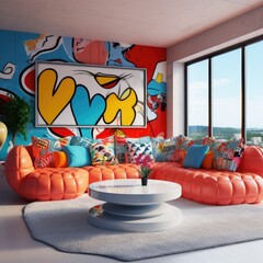 Colorful corner sofa in apartment. Interior design of pop art style colorful living room.