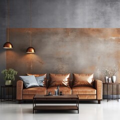 Concrete and with copper decorated wall and brown leather sofa. Interior design of modern living room