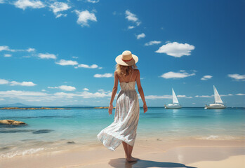 Fototapeta na wymiar Ai generative young tourist woman in summer dress and hat standing on beautiful sandy beach. Cute girl enjoying