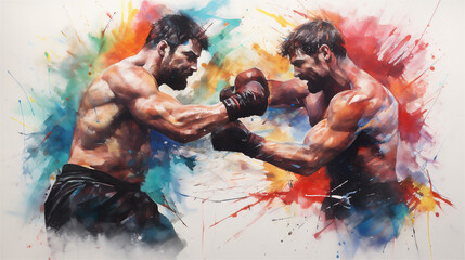 Vibrant Watercolor Painting, MMA Fighters Clashing, About to Punch Each Other with Great Force, Generative AI