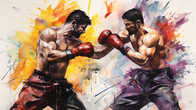 Vibrant Watercolor Painting, MMA Fighters Clashing, About to Punch Each Other with Great Force, Generative AI