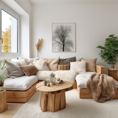 Cozy apartment with natural wooden furniture. Interior design of modern Scandinavian living room