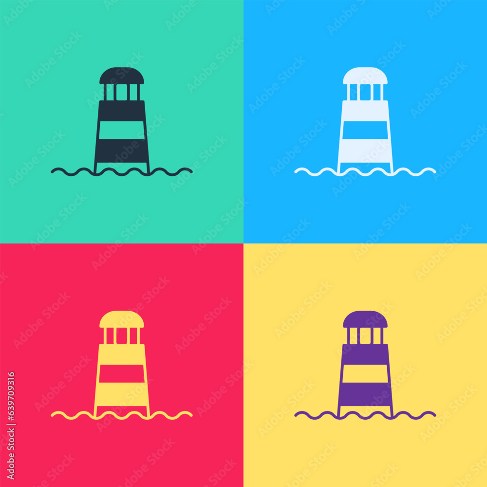 Sticker pop art lighthouse icon isolated on color background. vector