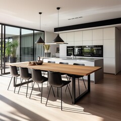 Elegant modern minimalist interior design of kitchen with island, dining table and chairs