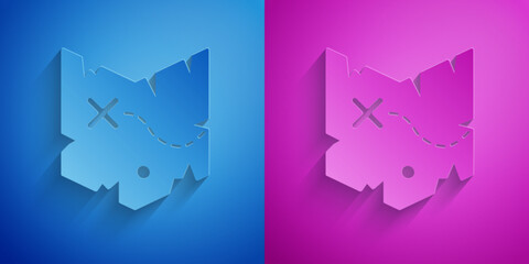 Paper cut Pirate treasure map icon isolated on blue and purple background. Paper art style. Vector