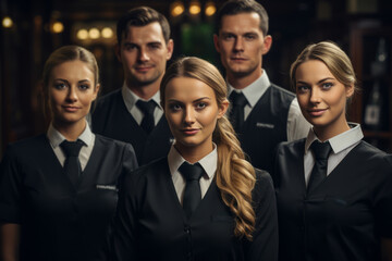 Advertising portrait shot of a hotel staff team standing together in a hotel and they look at the camera. Generative AI