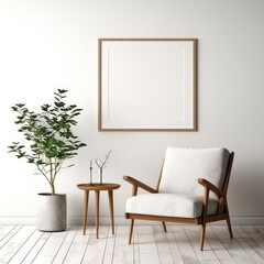 Empty mock up poster frame on white wall. Interior design of modern living room with armchair