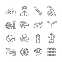 Bicycle line icon set. Bike outline symbol collection with bicyclist, wheel, bicycle pump, lock, glasses, handlebar, wrench. Vector illustration of repair service. - 639709537