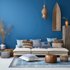 Ethnic wall decor pieces on blue wall. Boho style interior design of modern living room