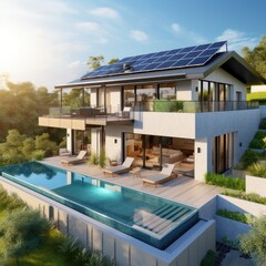 Fototapeta premium Exterior of beautiful modern house with solar panels on roof. Luxury villa with terrace and swimming pool.