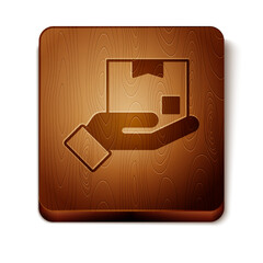 Brown Delivery hand with cardboard boxes icon isolated on white background. Door to door delivery by courier. Wooden square button. Vector