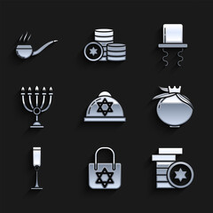 Fototapeta premium Set Jewish kippah with star of david, Shopping bag, coin, Pomegranate, goblet, Hanukkah menorah, Orthodox jewish hat sidelocks and Smoking pipe smoke icon. Vector
