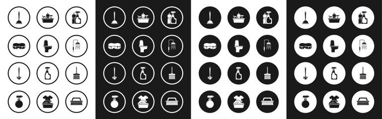 Set Plastic bottles for liquid dishwashing liquid, Toilet bowl, Sponge, plunger, Shower head with water drops flowing, Handle broom and brush icon. Vector