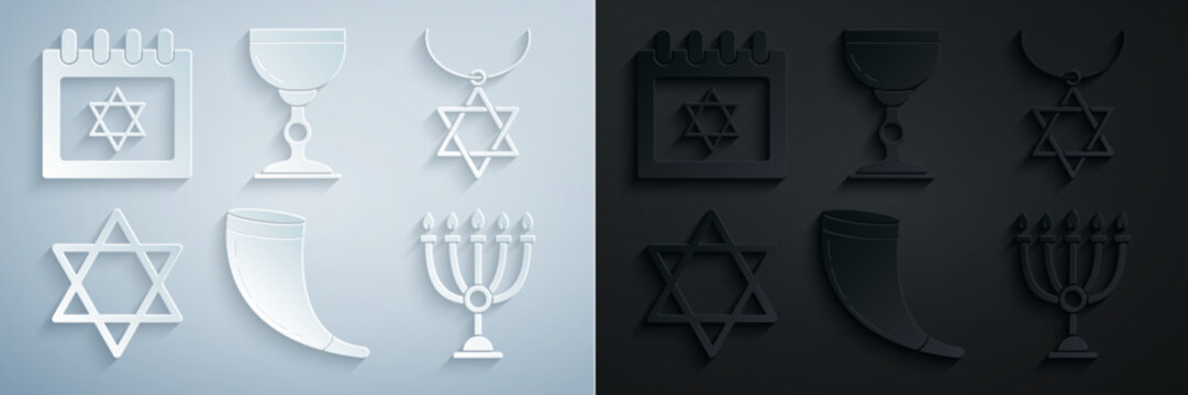Set Traditional ram horn, shofar, Star David necklace chain, Hanukkah menorah, Jewish goblet and calendar with star david icon. Vector