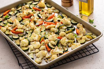 Various vegetables roasted on a sheet pan, side dish recipe