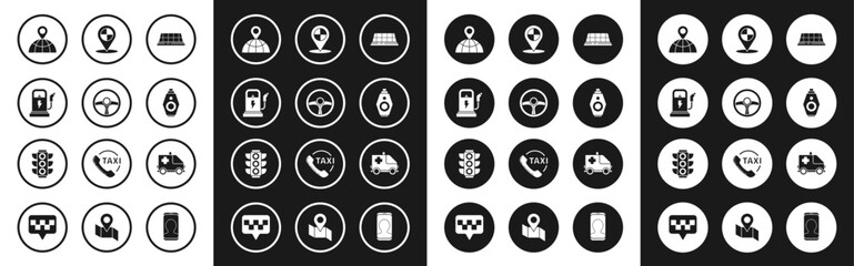 Set Taxi car roof, Steering wheel, Electric charging station, Location the globe, Car key with remote, Map pointer taxi, Ambulance and emergency and Traffic light icon. Vector