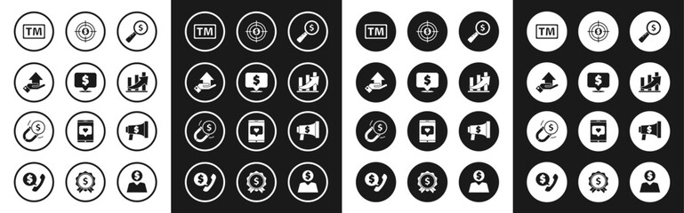 Set Magnifying glass and dollar, Speech bubble with, Money on hand, Trademark, Financial growth coin, Target, Megaphone and Magnet money icon. Vector