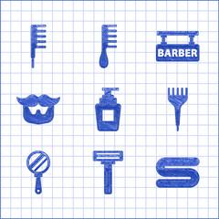 Set Bottle of shampoo, Shaving razor, Towel, Hairbrush, Hand mirror, Mustache beard, Barbershop and icon. Vector