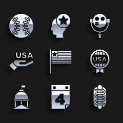 Set American flag, Calendar with date July 4, Hotdog sandwich, Medal star, White House, USA Independence day, Tourist binoculars and Baseball ball icon. Vector