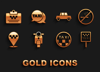 Set Scooter, No Smoking, Road sign for a taxi stand, Taxi car roof, Location with, Car, driver license and call telephone service icon. Vector