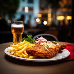 a schnitzel with a portion of french fries and a drink blurred restaurant in the background - 639710537