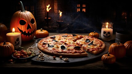 Spooky Halloween pizza with cheese.