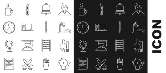 Set line Ringing alarm bell, Test tube and flask chemical laboratory test, Microscope, Computer monitor with keyboard mouse, Clock, Coffee cup and Pencil eraser icon. Vector