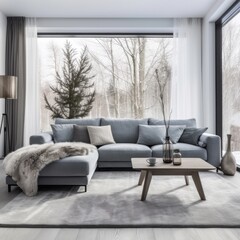 Gray fabric sofas against of big window in Scandinavian style interior design of modern living room