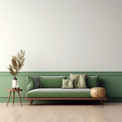 Green sofa and wooden decor accent piece near empty wall with copy space for text. Minimalist interior design of modern living room