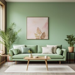 Green sofa in modern living room. Contemporary interior design of room with mint wall and coffee table. Home interior with posters