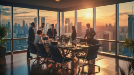 soft blurred focus picture of business teamwork brainstorming in modern office workspace at central business district.
