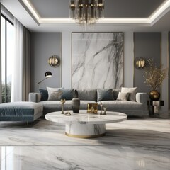 Hollywood regency style interior design of modern living room with marble coffee table and gray sofa