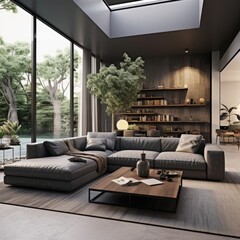 Home interior design of modern living room with gray sofa.