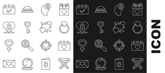 Set line Breast cancer awareness ribbon, Calendar with 8 March, Wedding rings, human head, Key heart shape, Heart, and icon. Vector