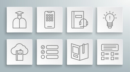 Fototapeta premium Set line Cloud or online library, Mobile phone, Task list, Open book, Online quiz, test, survey, Audio, Light bulb with concept of idea and Student icon. Vector