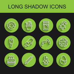 Set line Cake with burning candles, Candy, Donut, Chocolate bar, egg, Ice cream, Cookie or biscuit and Jelly worms candy icon. Vector