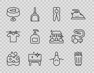 Set line Sponge, Full trash can, Clothes pin, Clean table, Stain tablecloth, Bottle of liquid soap, Kitchen apron and Vacuum cleaner icon. Vector