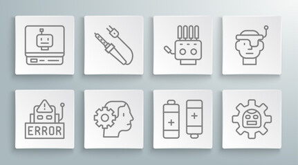 Set line Error in robot, Soldering iron, Humanoid, Battery, Robot, Mechanical hand, Smart glasses and icon. Vector