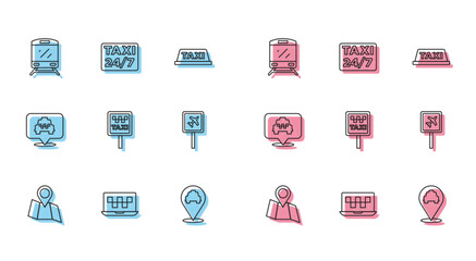 Set line Folded map with location, Laptop call taxi service, Train, Location, Road sign for stand, Airport, and icon. Vector