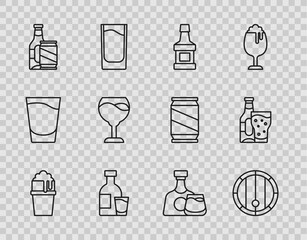 Set line Glass of beer, Wooden barrel, Whiskey bottle, Bottle vodka with glass, Beer and can, Wine, and icon. Vector