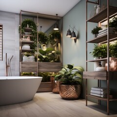 Interior design of modern bathroom with greenery and copper elements