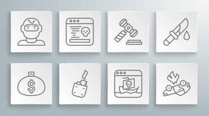 Set line Money bag, System bug, Lighter, Internet piracy, Burning car, Judge gavel, Bloody knife and Thief mask icon. Vector